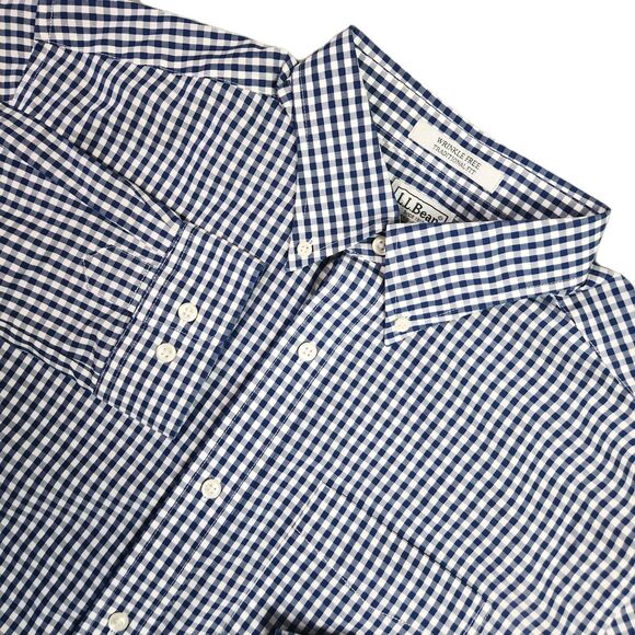 LL Bean Button Down Shirt Mens L Blue Pinpoint Check Career Wear Business Casual - Picture 1 of 8